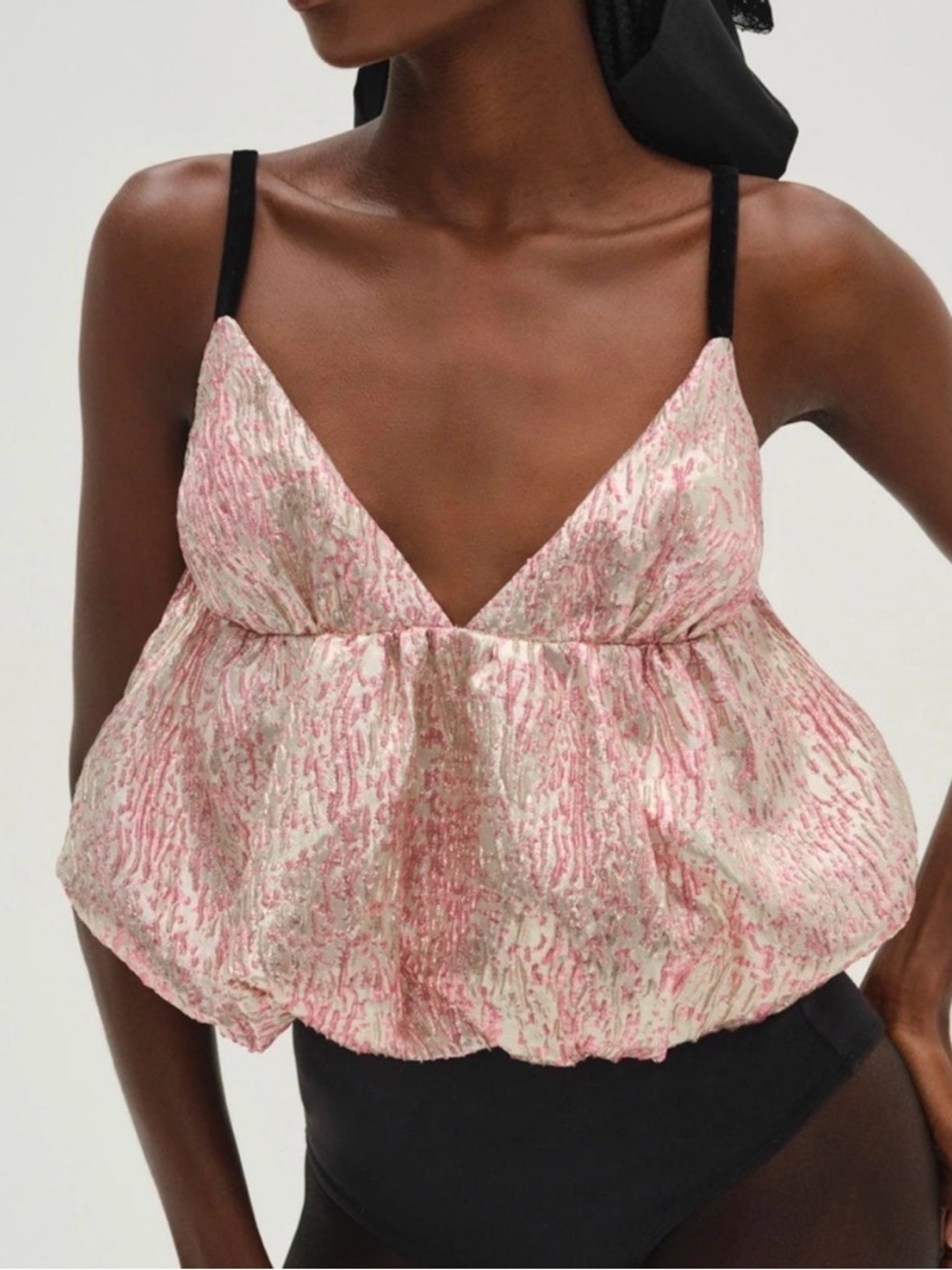 For Love And Lemons Pink Solstice Shimmer Puffy V-Neck Top Small Barbiecore